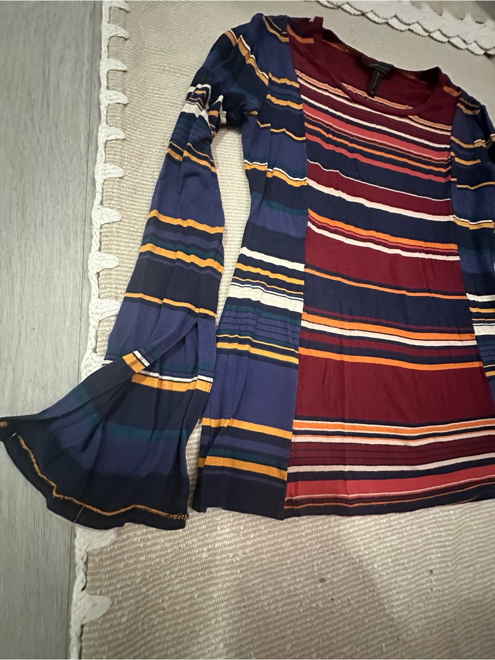 BCBG Striped Long Sleeve Mixed-Panel Top in Navy and Burgundy - Picture 4 of 5